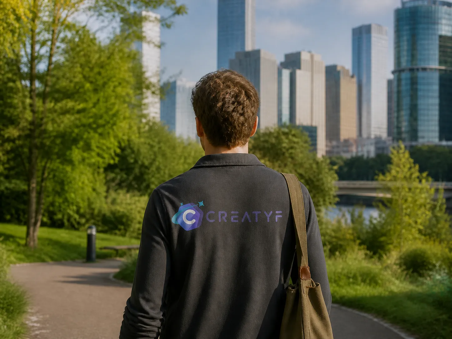 Illustrative editorial scene of a fictional professional seen from behind in a neutral Creatyf shirt on a city park terrace.