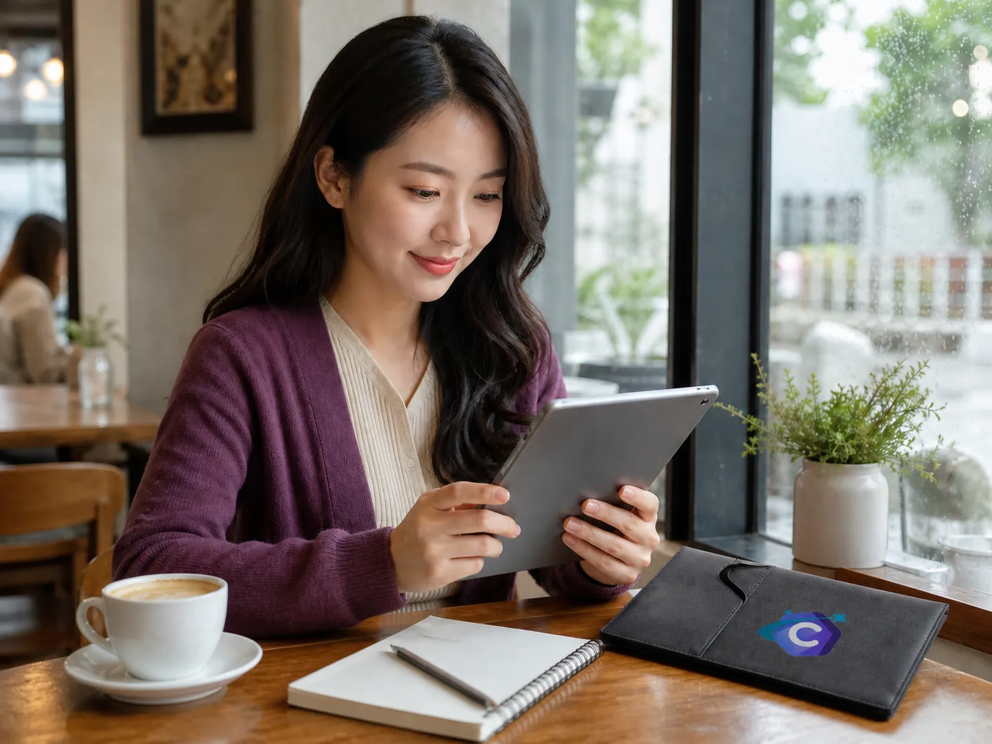 Illustrative editorial scene of a fictional Chinese professional reading a business guide on a tablet in a cafe.