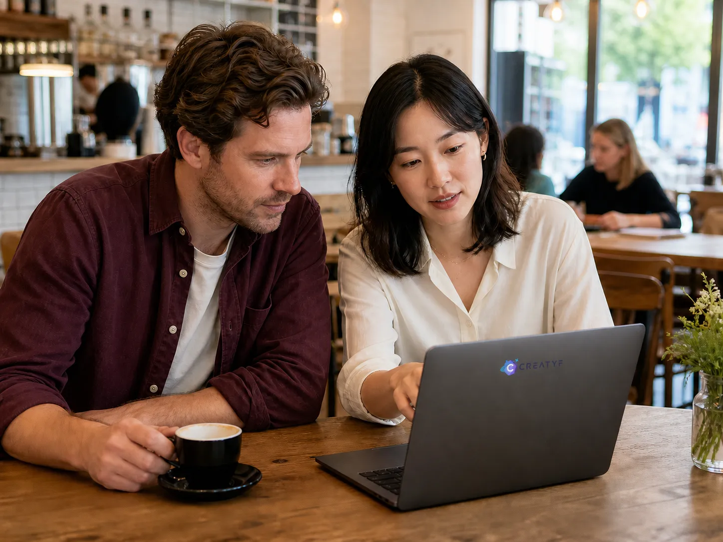 Illustrative editorial scene of a fictional European man and Chinese woman reviewing a landing page in a cafe.