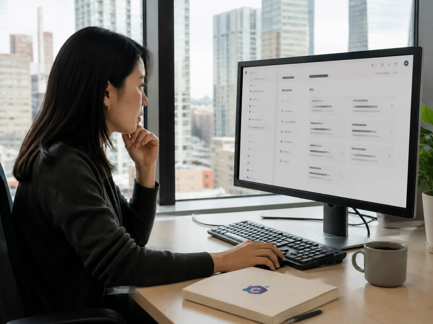 Illustrative editorial scene of a fictional Chinese woman researching search behavior beside a city window.