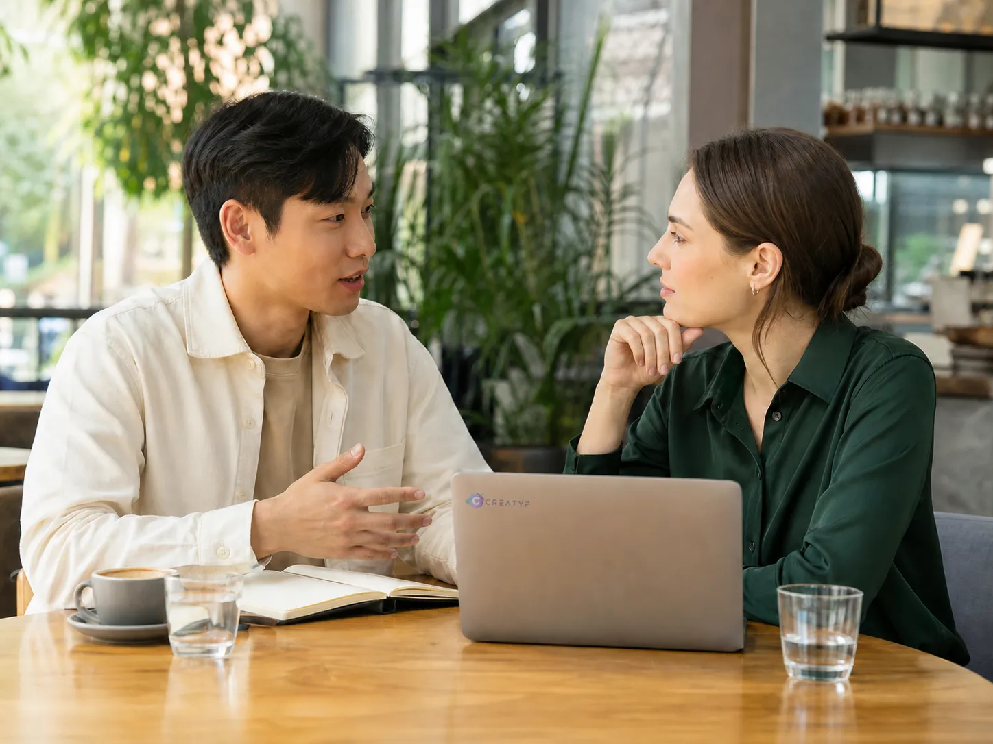Illustrative editorial scene of two fictional professionals, a Chinese man and European woman, having a relaxed cafe discussion.