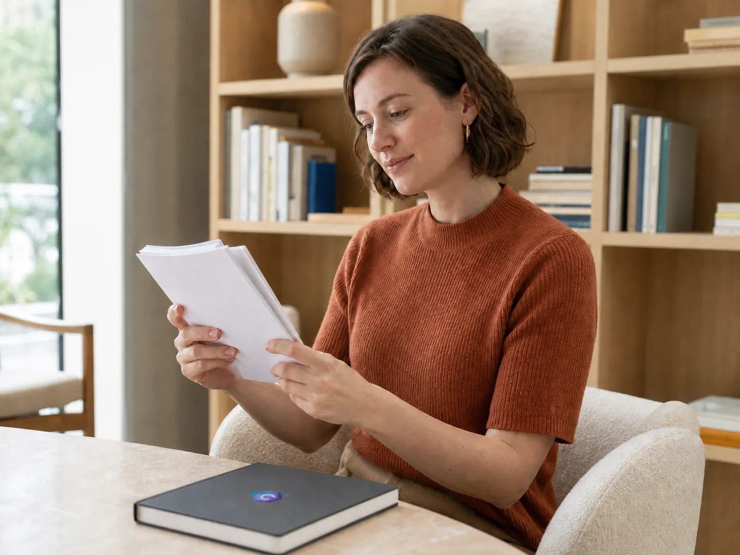 Illustrative editorial scene of a fictional European woman reviewing working notes in a quiet studio library.