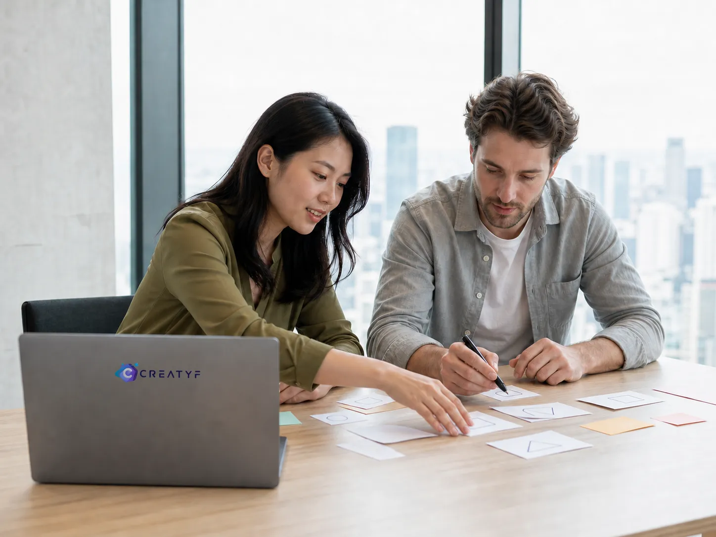 Illustrative editorial scene of two fictional professionals, a Chinese woman and European man, mapping a workflow in a large-window office.