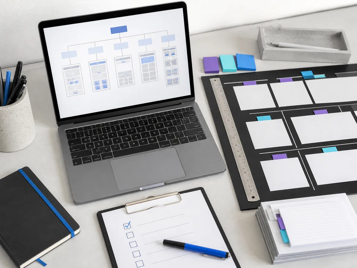 Editorial composition of devices, a brief, and website modules for project preparation