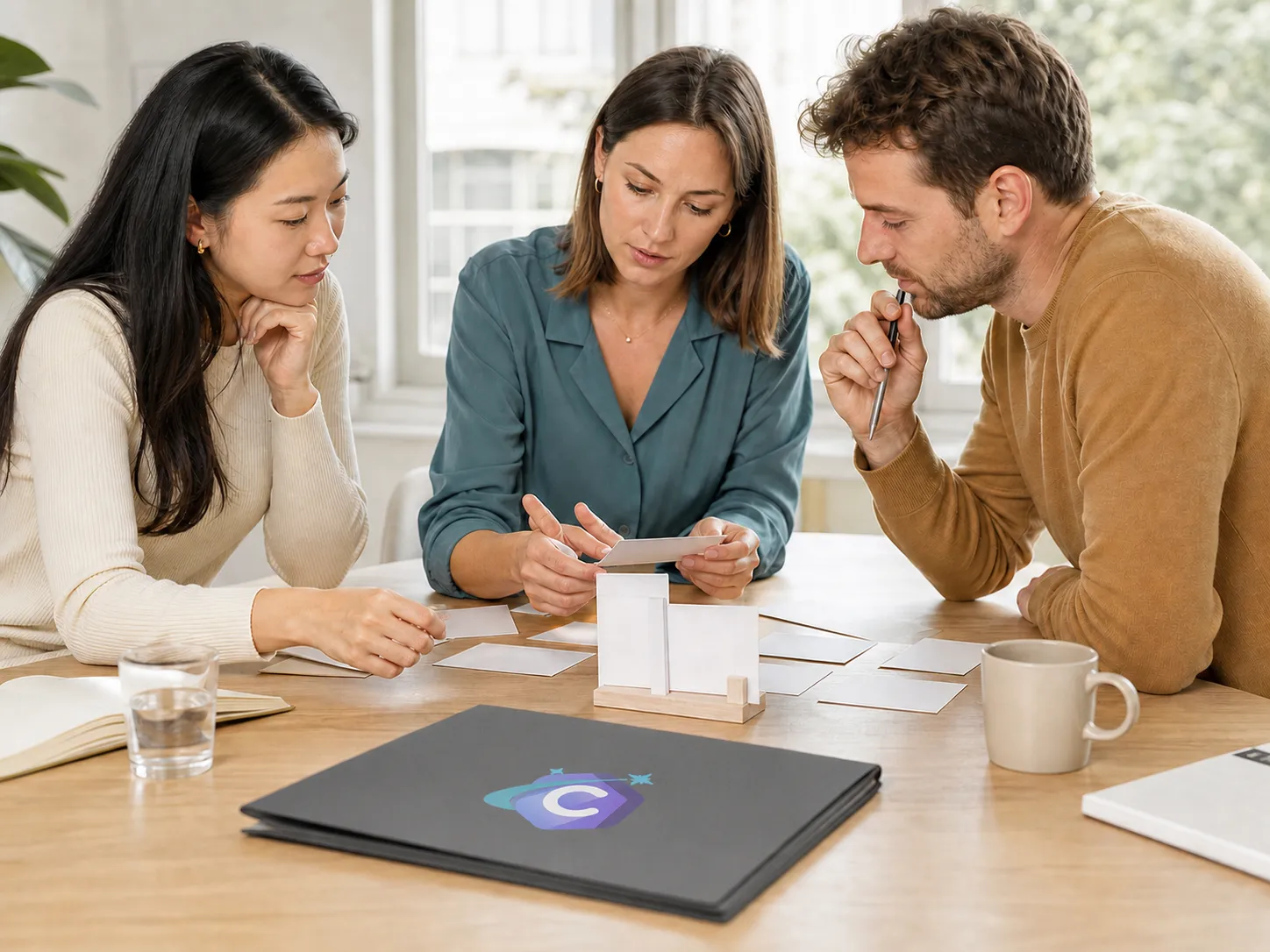 Illustrative editorial scene of three fictional international professionals running a workshop around a shared table.