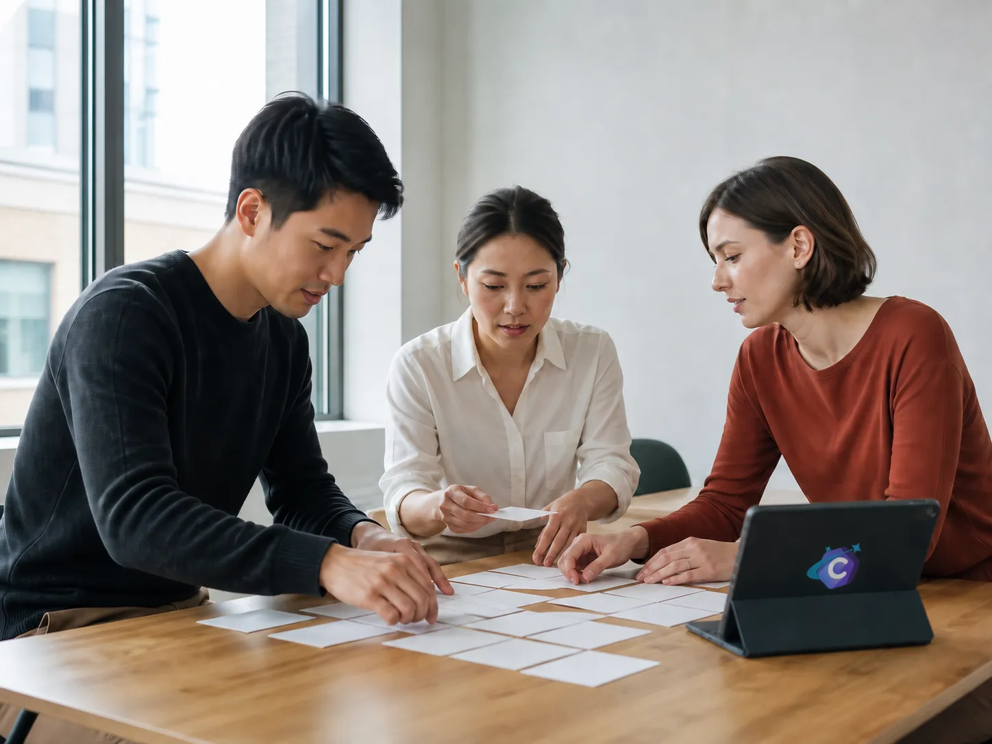 Illustrative editorial scene of three fictional international professionals running a workshop in a bright office.