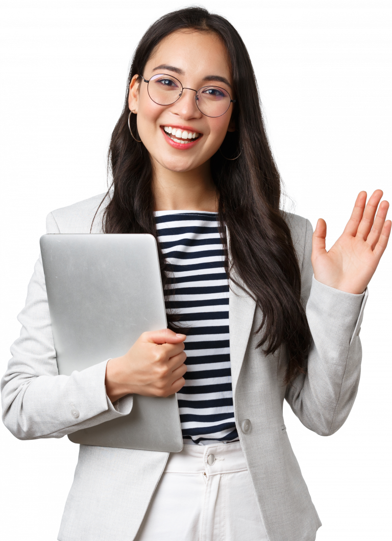 business finance employment female successful entrepreneurs concept friendly smiling office manager greeting new coworker businesswoman welcome clients with hand wave hold laptop